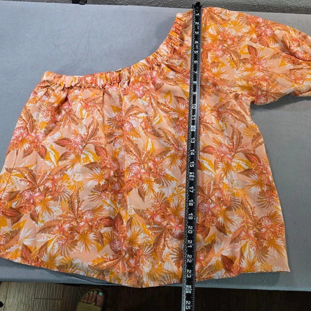 LOFT Womens Orange Tropical Floral One Shoulder Linen Blend Puff Sleeve  M NEW